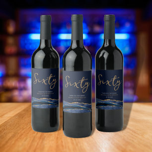 Navy Blue Gold Agate 60th Birthday Wine Label