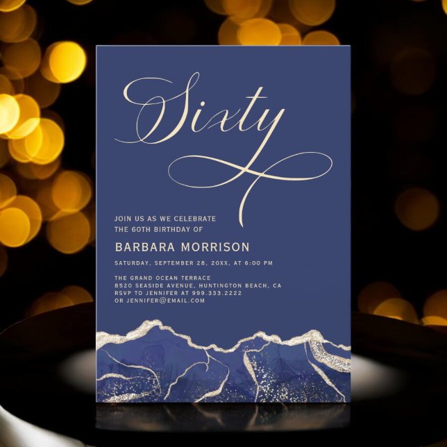 Navy Blue Gold Agate 60th Sixty Birthday Party Invitation (Creator Uploaded)