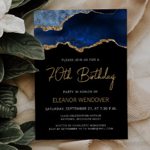 Navy Blue Gold Agate 70th Birthday Invitation