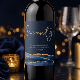 Navy Blue Gold Agate 70th Birthday Wine Label