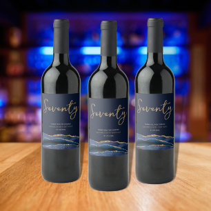 Navy Blue Gold Agate 70th Birthday Wine Label
