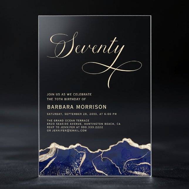 Navy Blue Gold Agate 70th Seventy Birthday Party Acrylic Invitations (Creator Uploaded)