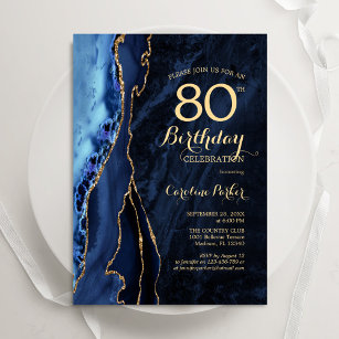 Navy Blue Gold Agate 80th Birthday Invitation