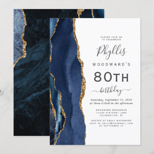 Navy Blue Gold Agate 80th Birthday Party Invitation