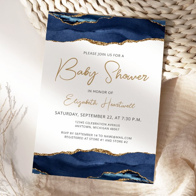 Navy Blue Gold Agate Baby Shower Invitation (Creator Uploaded)
