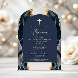 Navy Blue Gold Agate Baptism Modern Elegant Acrylic Invitations