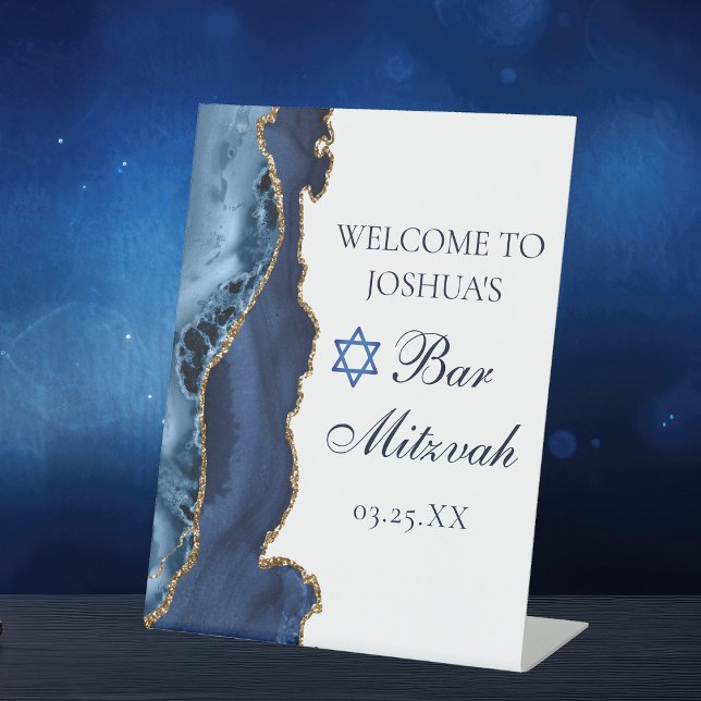 Navy Blue Gold Agate Bar Mitzvah Party Welcome Pedestal Sign (Creator Uploaded)