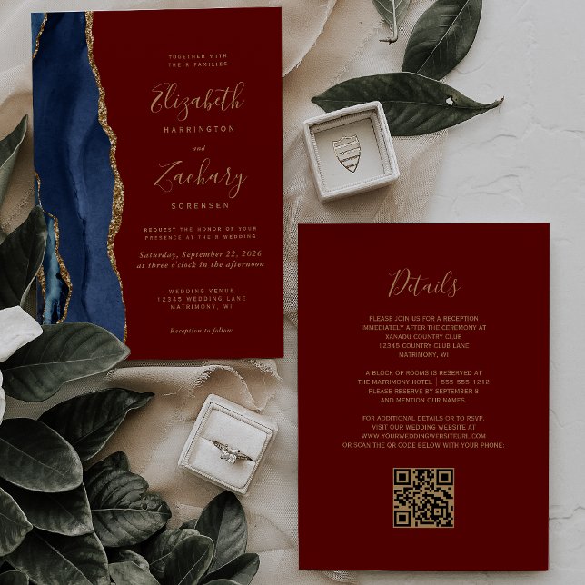 Navy Blue Gold Agate Burgundy QR Code Wedding Invitation (Creator Uploaded)