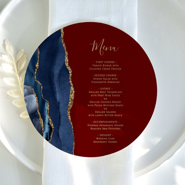 Navy Blue Gold Agate Burgundy Round Plate Wedding Menu (Creator Uploaded)