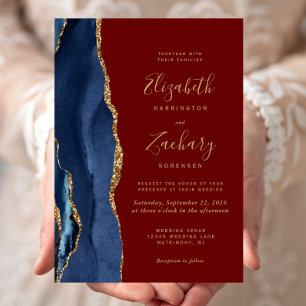 Navy Blue Gold Agate Burgundy Wedding Invitation