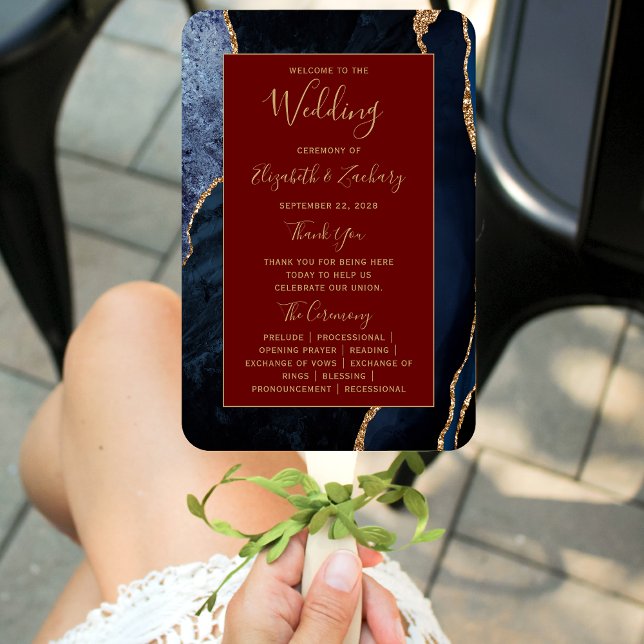 Navy Blue Gold Agate Burgundy Wedding Program Hand Fan (Creator Uploaded)