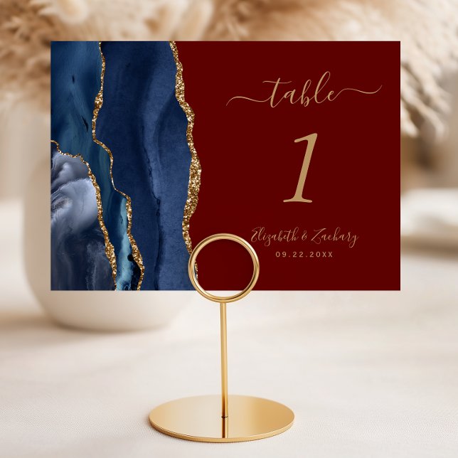 Navy Blue Gold Agate Burgundy Wedding Table Number (Creator Uploaded)