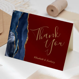 Navy Blue Gold Agate Burgundy Wedding Thank You Card