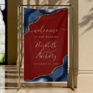 Navy Blue Gold Agate Burgundy Wedding Welcome Banner