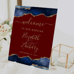 Navy Blue Gold Agate Burgundy Wedding Welcome Pedestal Sign