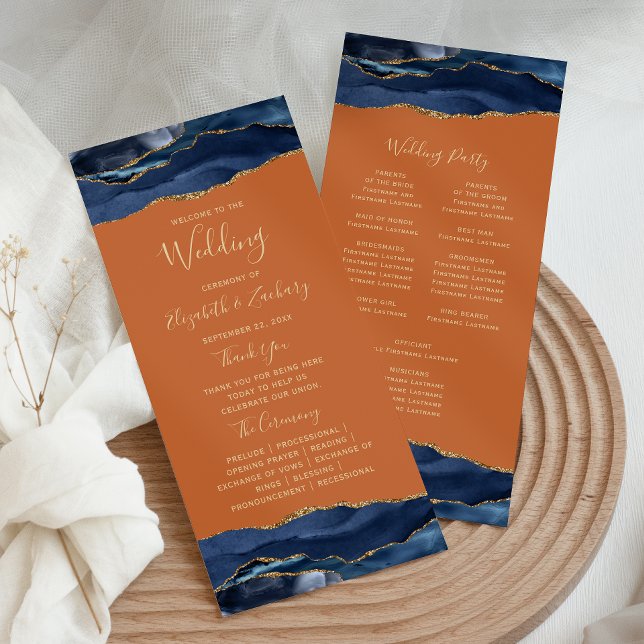Navy Blue Gold Agate Burnt Orange Wedding Programme (Creator Uploaded)