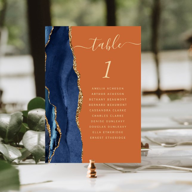 Navy Blue Gold Agate Burnt Orange Wedding Table Number (Creator Uploaded)