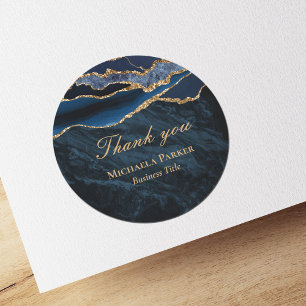 Navy Blue Gold Agate Business Thank You Classic Round Sticker