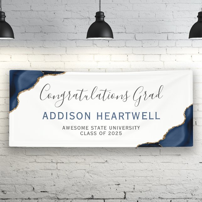 Navy Blue Gold Agate Congratulations Graduation Banner (Creator Uploaded)