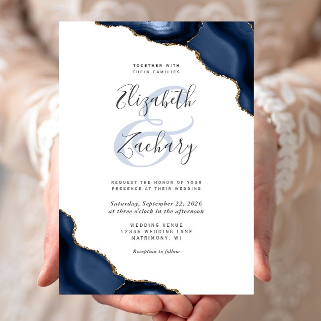 Navy Blue Gold Agate Corners White Wedding Invitation (Creator Uploaded)