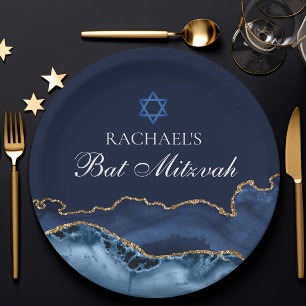 Navy Blue Gold Agate Custom Bat Mitzvah Party Paper Plate