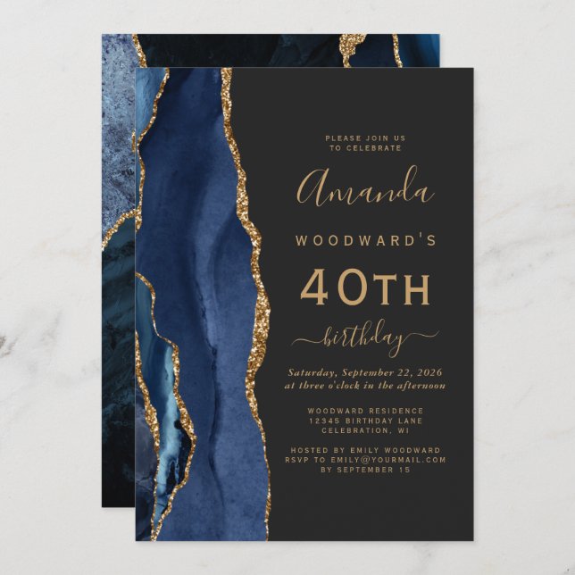 Navy Blue Gold Agate Dark 40th Birthday Party Invitation (Front/Back)