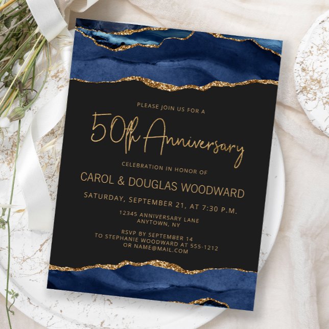 Navy Blue Gold Agate Dark 50th Anniversary Postcard (Creator Uploaded)