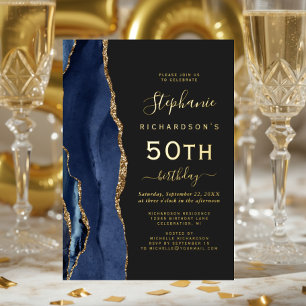Navy Blue Gold Agate Dark 50th Birthday Party