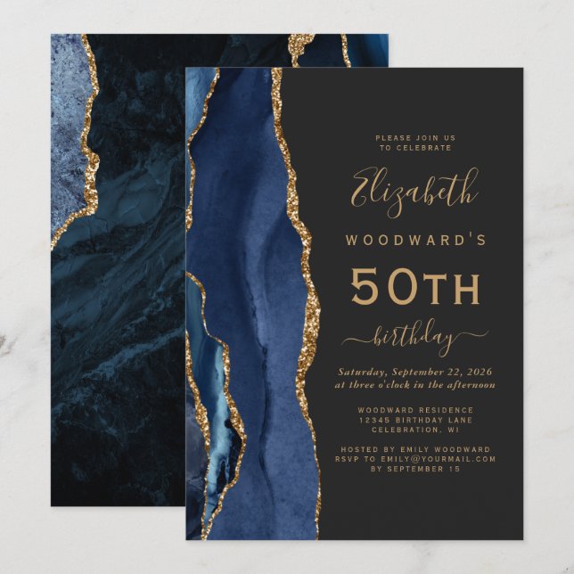Navy Blue Gold Agate Dark 50th Birthday Party Invitation (Front/Back)