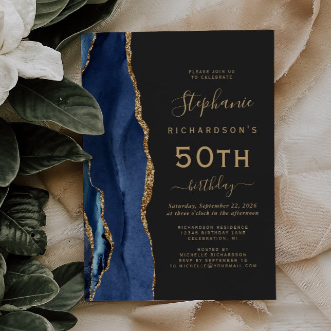 Navy Blue Gold Agate Dark 50th Birthday Party Invitation (Creator Uploaded)