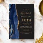 Navy Blue Gold Agate Dark 70th Birthday Party Invitation<br><div class="desc">The left-hand edge of this elegant modern birthday party invitation features a navy blue watercolor agate border trimmed with gold faux glitter. The customisable text combines gold-coloured handwriting,  copperplate and italic fonts on a slate black background. The reverse side features a matching blue and gold agate design.</div>