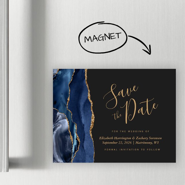 Navy Blue Gold Agate Dark Magnetic Save the Date (Creator Uploaded)