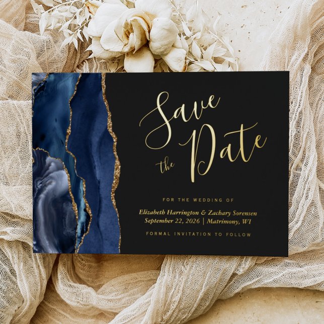 Navy Blue Gold Agate Dark Save the Date (Creator Uploaded)