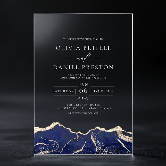 Navy Blue Gold Agate Elegant Modern Wedding Acrylic Invitations (Creator Uploaded)