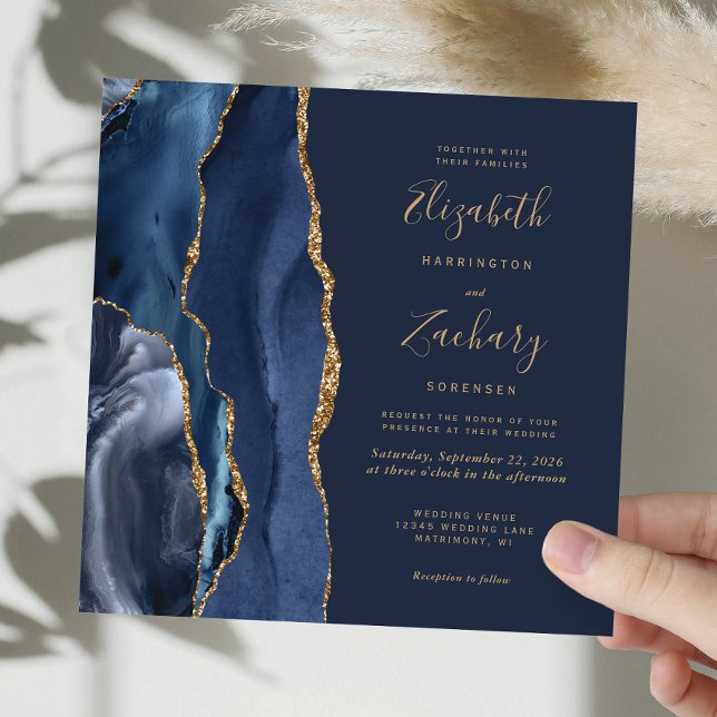 Navy Blue Gold Agate Elegant Square Wedding Invitation (Creator Uploaded)