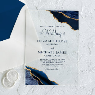 Navy Blue Gold Agate Elegant Wedding Acrylic Invitations