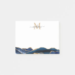 Navy Blue Gold Agate Feminine Chic Script Monogram Post-it Notes