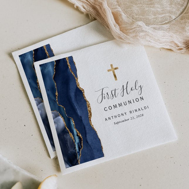 Navy Blue Gold Agate First Holy Communion Napkin (Creator Uploaded)