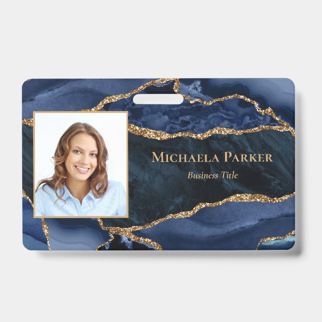 Navy Blue Gold Agate Geode Business Photo ID Badge (Front)