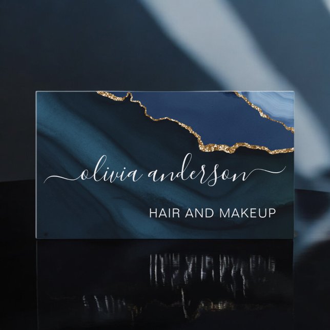 Navy Blue Gold Agate Geode Hair Makeup Salon Business Card (Creator Uploaded)