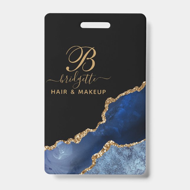 Navy Blue Gold Agate Geode Makeup Artist Monogram ID Badge (Front)