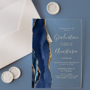 Navy Blue Gold Agate Gold Text Graduation Acrylic Invitations