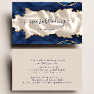 Navy Blue Gold Agate Ivory Luxury Microblading Business Card