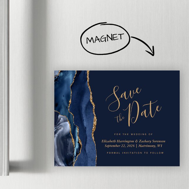 Navy Blue Gold Agate Magnetic Save the Date (Creator Uploaded)