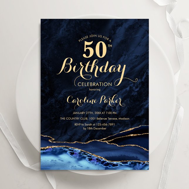 Navy Blue Gold Agate Marble 50th Birthday Invitation (Creator Uploaded)