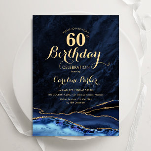 Navy Blue Gold Agate Marble 60th Birthday Invitation