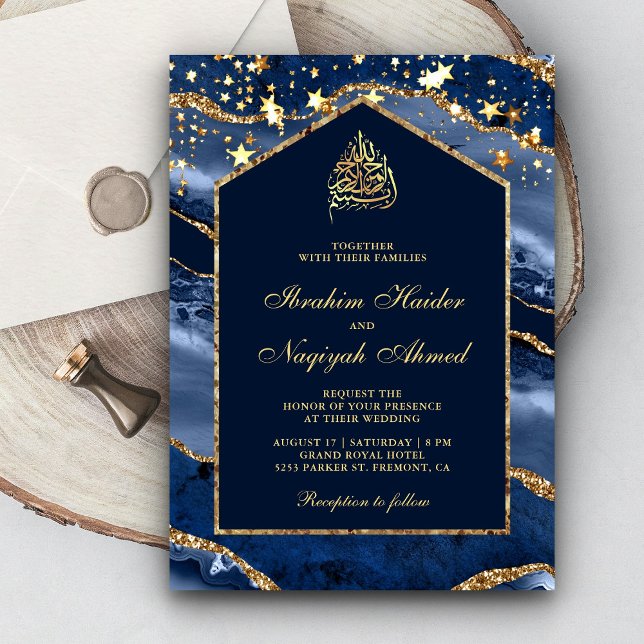 Navy Blue Gold Agate Marble Arch Muslim Wedding Invitation (Creator Uploaded)