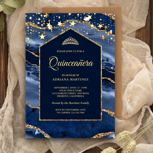 Navy Blue Gold Agate Marble Arch Quinceanera Invitation (Creator Uploaded)