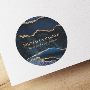 Navy Blue Gold Agate Marble Business Thank You Classic Round Sticker