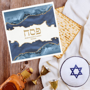Navy Blue Gold Agate Marble Hebrew Passover Napkin